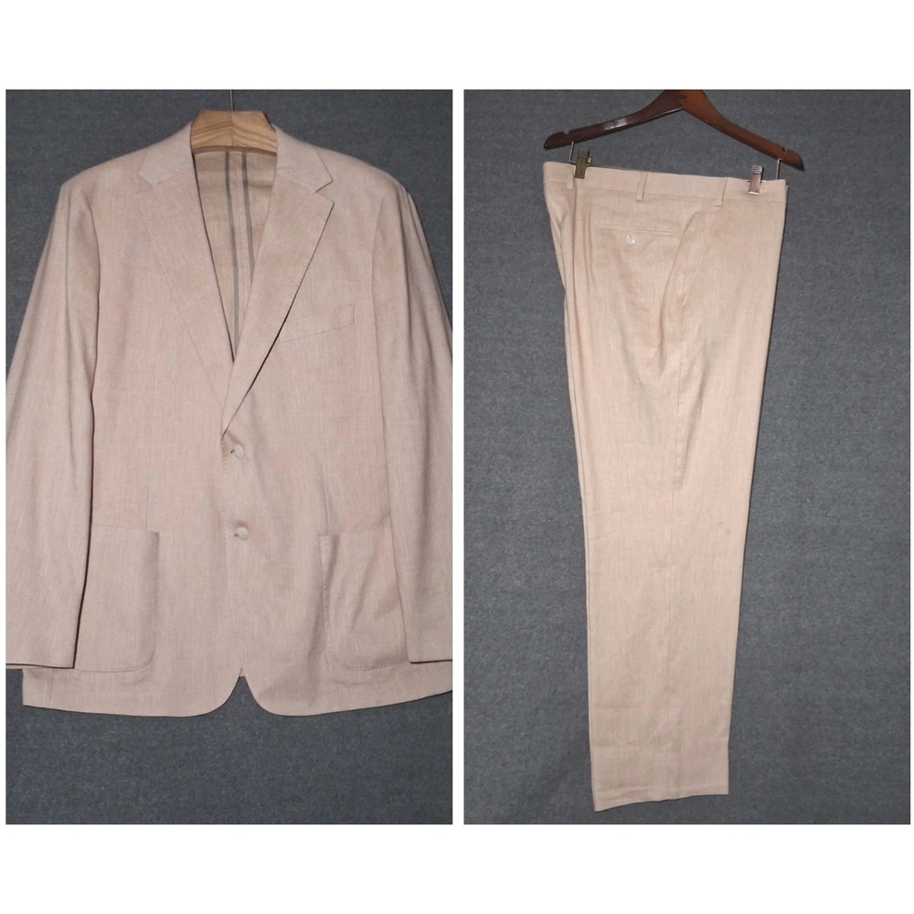 Michael Kors Mens Size 46R Tan Linen Blend Suit Sports Coat & Pants Set 2 Piece
